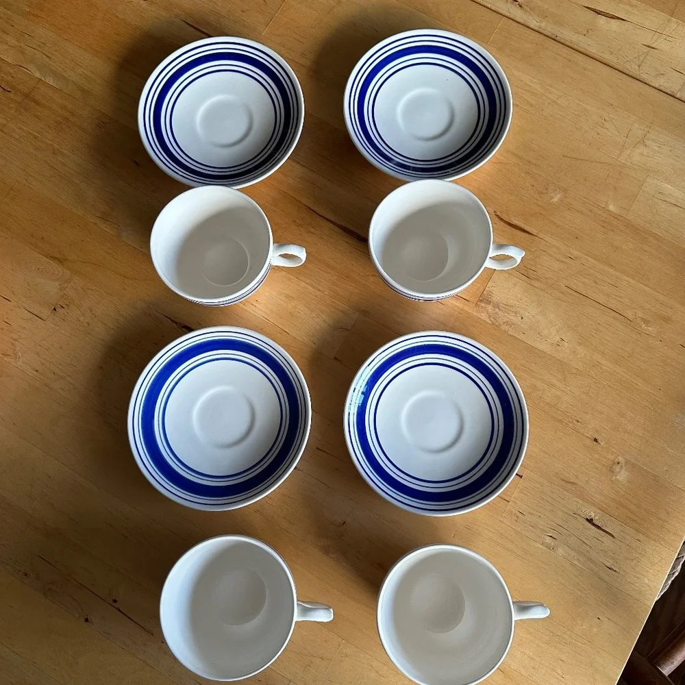 FARMSTEAD TICKING Ralph Lauren, Cups & Saucers, set of 4, Blue, IRONSTONE - Picture 3 of 4